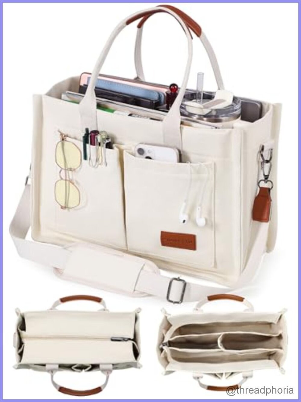 FIORETTO Canvas Tote Bag with Zipper Closure and Individual Compartments for
